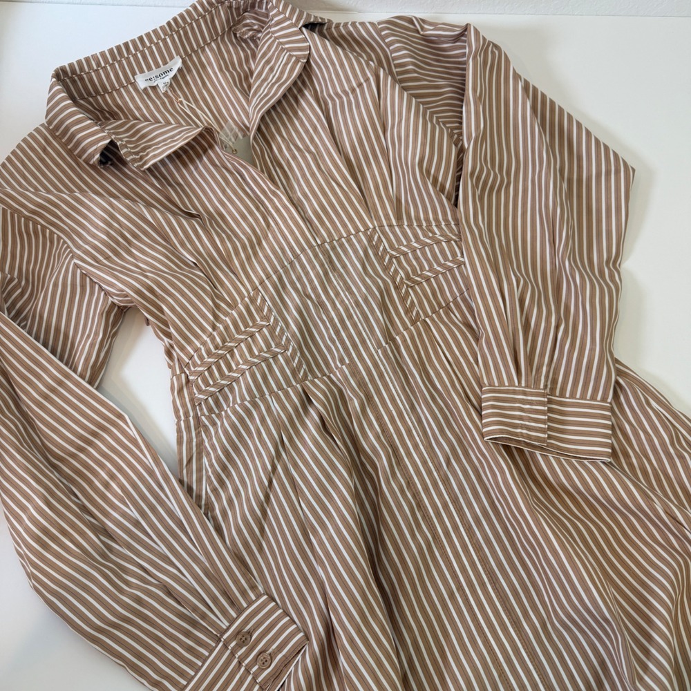 Ee:some Los Angeles Tan White Striped Cinched Waist Shirt Dress Long Sleeve M